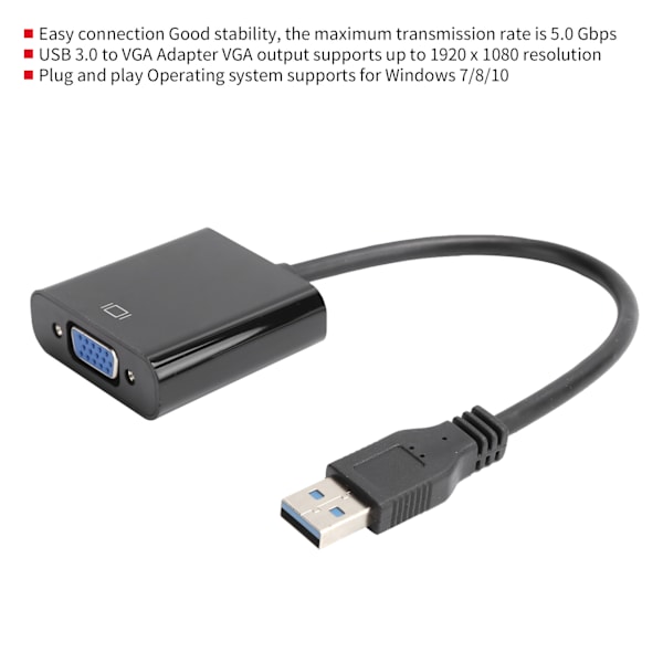 USB 3.0 till VGA Adapterkabel 1920x1080 Ljud- och Videokonverterare 5.0Gbps för Windows 7/8/10