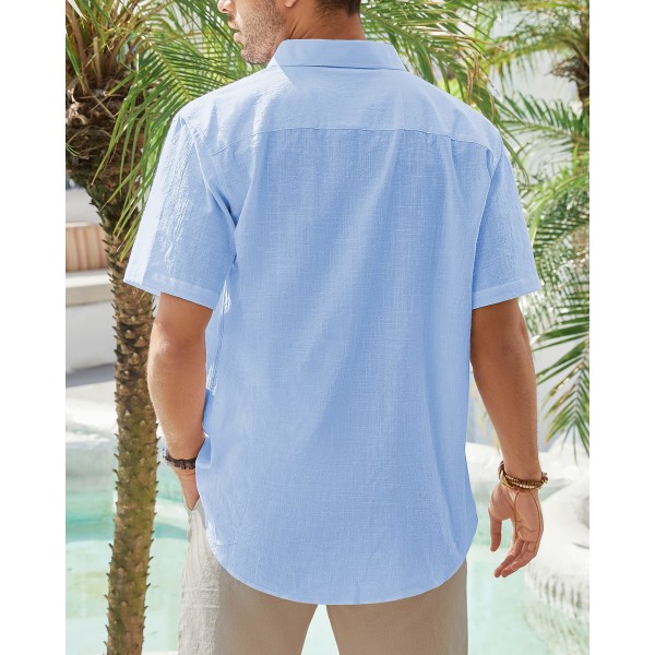 1pcs men's cotton and linen short-sleeved shirt--sky blue