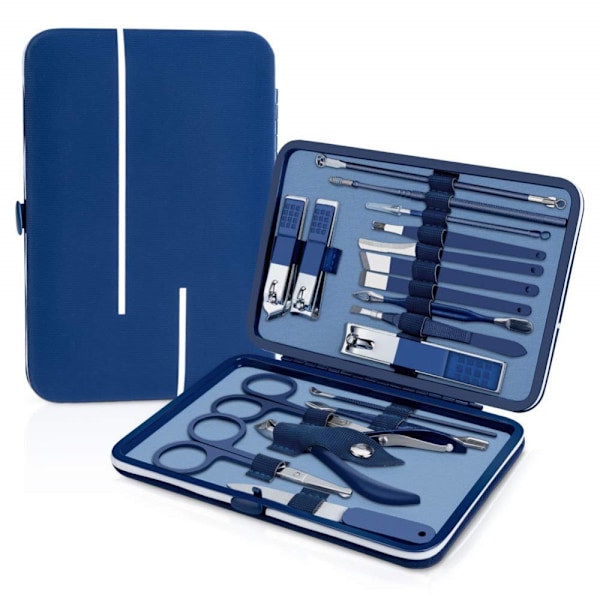 Manikyr Pedikyr Grooming Kit, 18 Verktyg, Manikyrset i Rostfritt Stål, Professionellt Nagelvårdssystem, Inkluderar Resefodral, Blå