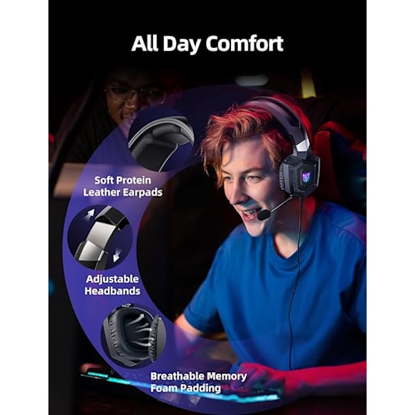Gaming Headset med Mikrofon, Gaming Hörlurar Kompatibla för PS4 PS5 Xbox PC med RGB-ljus, PlayStation Headset med Brusreducering 7.1