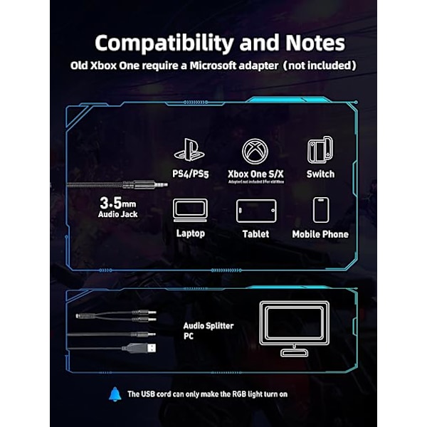Gaming Headset med Mikrofon, Gaming Hörlurar Kompatibla för PS4 PS5 Xbox PC med RGB-ljus, PlayStation Headset med Brusreducering 7.1