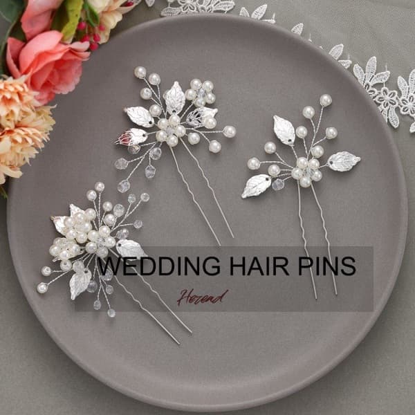Pärlbrud Bröllop Hårnålar Löv Brudhårstycke Blomma Håraccessoarer för Kvinnor och Flickor (3-pack) (Guld)