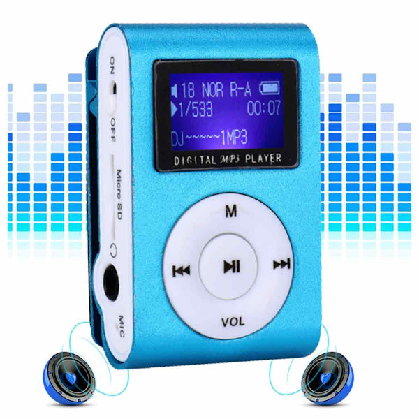 Mini Portabel MP3-musikspelare Metall Clip-on MP3-spelare med LCD-skärm Stöd TF-kort Bred Användning Blå