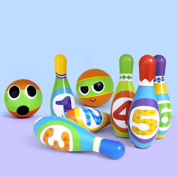 Pedagogiska leksaker, födelsedagsspel för barn 3+, mjuka 10 färgglada skumkäglor för inomhusbruk, tyst lek med unisex bowling set, utvecklar motoriska färdigheter