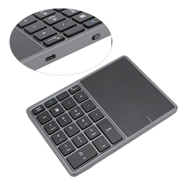 Trådlöst numeriskt tangentbord Professionellt 22 tangenter Dubbla lägen Bluetooth 4.2 2.4G Trådlös sifferplatta med pekplatta för bärbar dator stationär PC Mörkgrå