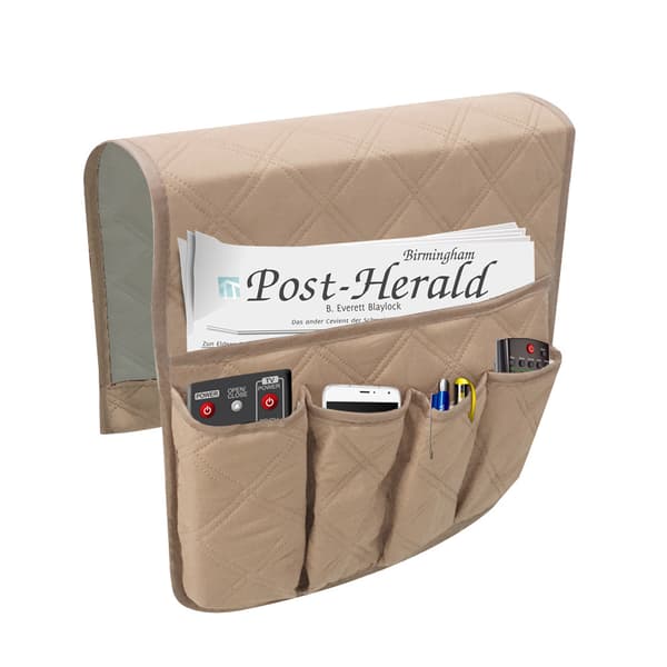 Non-slip Sofa Armrest Storage Bag with 5 Pockets, Remote Control Storage Bag (88.9 x 31.5 cm, Beige) [TT]