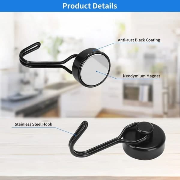 Magnetic Hooks, 5 Pack, Strong Magnetic Hooks 30 kg, Neodymium Magnet Hooks for Refrigerator Black black