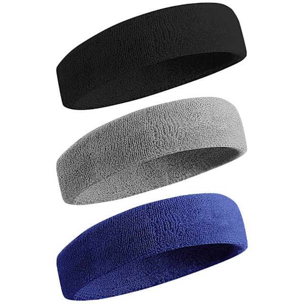 3Pack svettband Sportpannband för män och kvinnor - fuktavledande atletisk bomullsfrotté svettband för tennis, basket, löpning, gym, Black/Gray/Blue