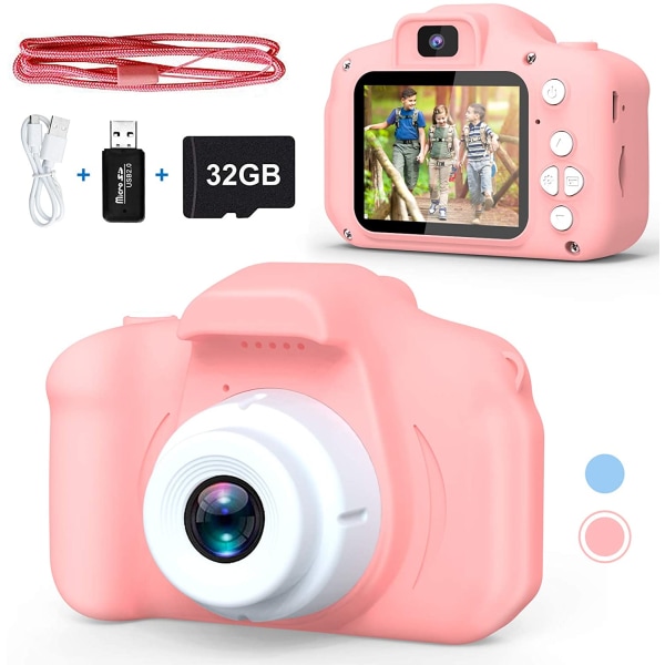 Stødsikkert Selfie-børnkamera, bedste fødselsdagsgaver til småbørn Dobbelt kamera til børn i alderen 3-10, HD digital video med 32 GB SD-kort, julelegetøj til børn Pink
