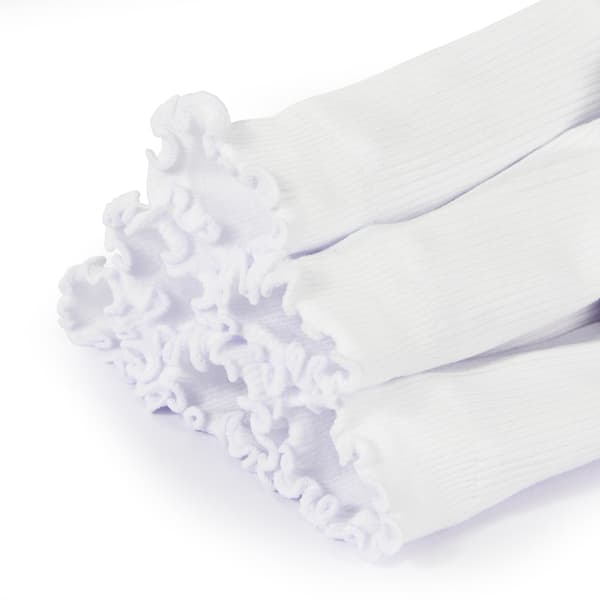 6 Pairs Solid White Women's Ruffle Socks. 75% Cotton Blend, Lightweight and Stretchy with Soft Heel and Smooth Toe. Perfect white