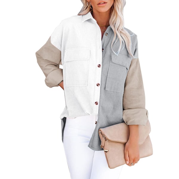 1PCS contrasting color loose shirt-white + gray
