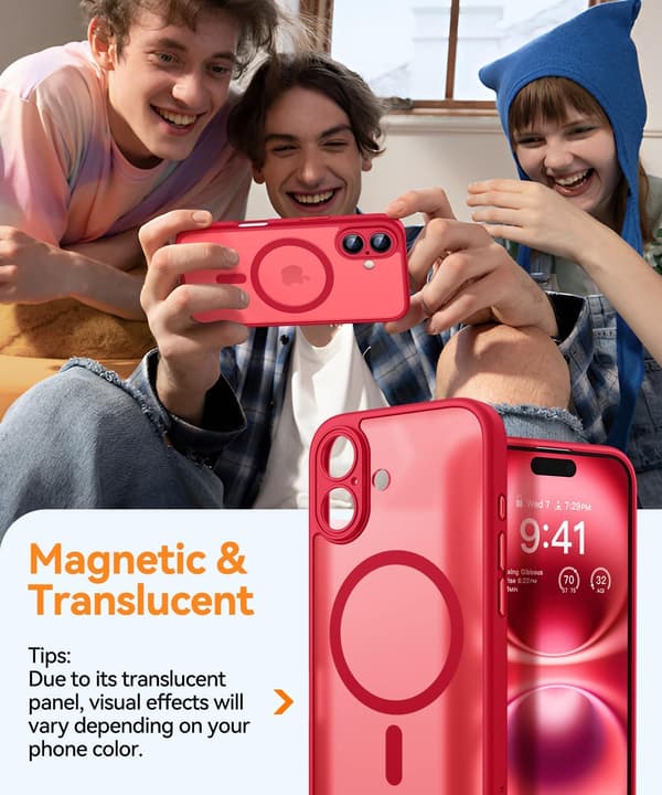 Magnetic Case for iPhone 16 Pro Max with Full Camera Protection [MagSafe Compatible] [Transparent Matte] Protective Phone Case, Hot Pink Red[TT] Red iPhone 16