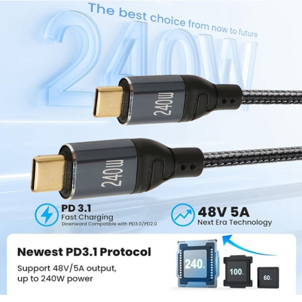 USB C till USB C Kabel 240W PD3.1 Snabbladdning E Mark Chip 480Mbps 1m Hane till Hane USB C Förlängningskabel för Surfplatta