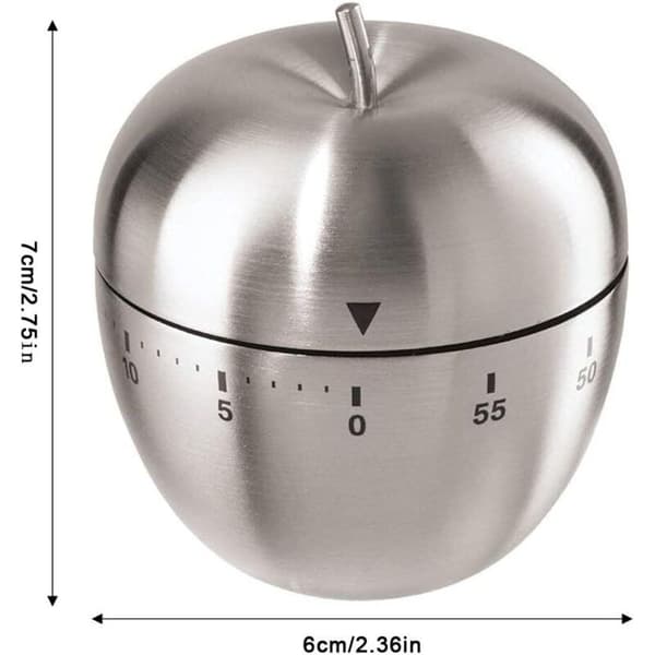 Køkkenur i æbleform i rustfrit stål, mekanisk roterende alarm, 60 minutters timer til madlavning