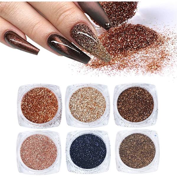 Lösningsmedelsresistent glitter för holografiskt guldglitter, gelpolerings-dipppulverset lyfter din manikyr, blandade färger, 6 st