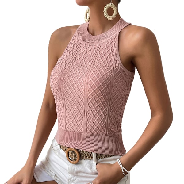 Kvinners Halterneck Tank Top for Sommer Kabel Strikkede Casual Slim Fit Ren Farge Ermeløs Skjorte Dusty Pink S