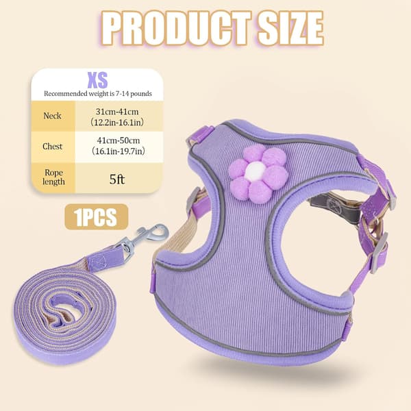 No Pull Step-in Puppy Harness with Breathable Mesh and Quick Release Dog Harness and Leash for Small Medium Dogs Reflective Purple XS
