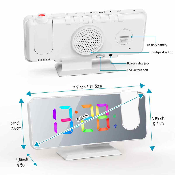 Projektionsväckarklocka för sovrum, RGB färgglad digital klocka med spegelyta, 11 färger, 180° projektor i taket, LED Modern skrivbordsklocka för white