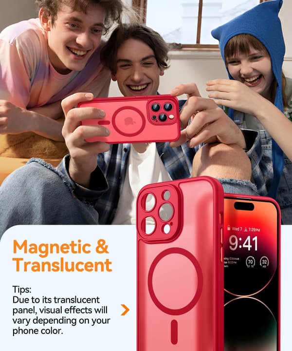 Magnetic Case for iPhone 16 Pro Max with Full Camera Protection [MagSafe Compatible] [Transparent Matte] Protective Phone Case, Hot Pink Red[TT] Red iPhone 14 Pro Max