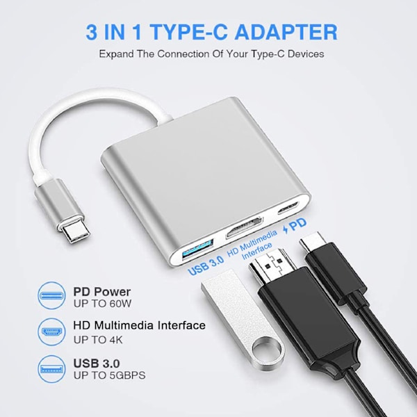 USB C Dockningsstation 3 i 1 Aluminiumlegering 4K HD 5Gbps Överföring 60W PD Ström USB C Hubb för TV Projektor Dator