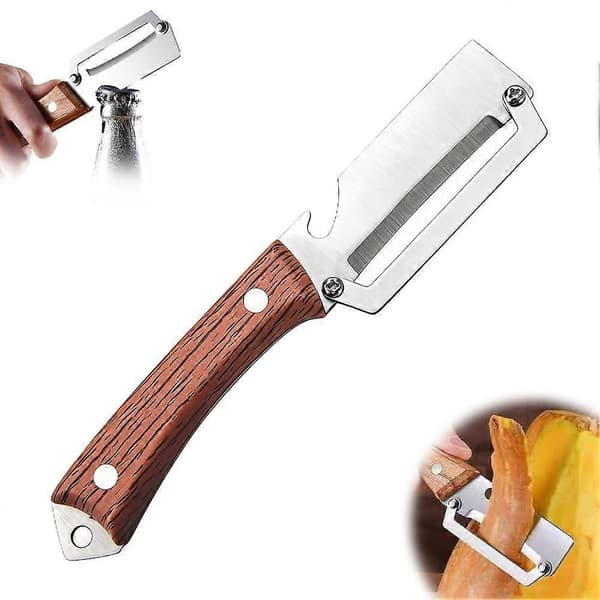 Multifunktionel Skræller Flaskeåbner Rustfrit Stål Træhåndtag Brown 1pcs