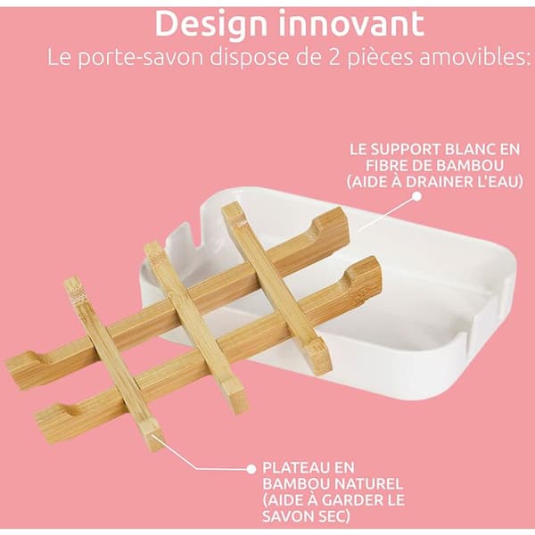 White soap dish in compact format, eco-friendly bamboo, 100% natural, 100% biodegradable, 100% plastic-free, 13 x 8.5 x 2.4 cm