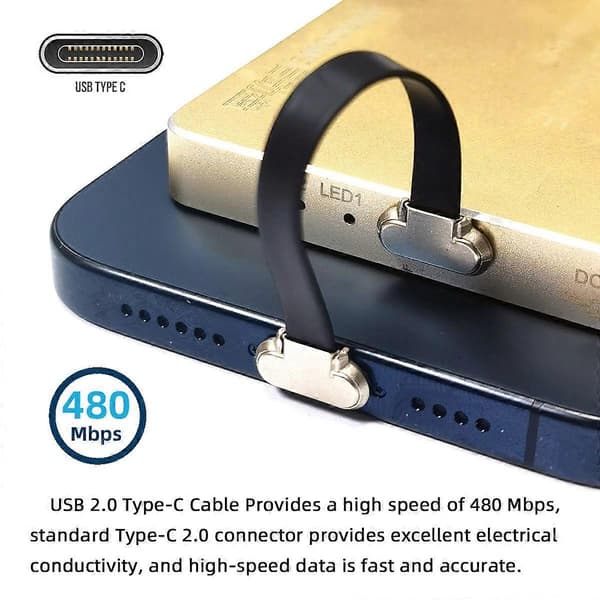 UC-170-0.07M 75mm Vinklet USB-C til USB-C Ultra Slim Flat USB2.0 Datakabel 65W Hurtigladekabel