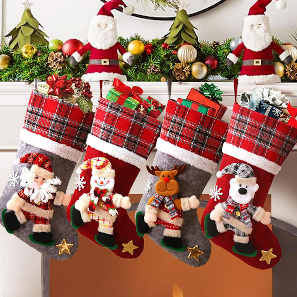 Personlige julestrømper Sæt med 4 Jute plaid familie julestrømper, 18 tommer 3D Xmas Plys strømpe med hængende løkker til ferie