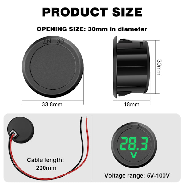 Set med 2 digitala voltmetertestare, LED-display, DC 5 ~ 100 V, LED, Svart
