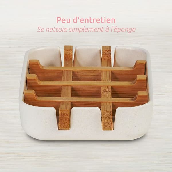 White soap dish in compact format, eco-friendly bamboo, 100% natural, 100% biodegradable, 100% plastic-free, 13 x 8.5 x 2.4 cm