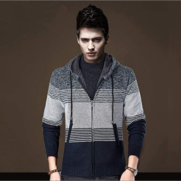 Herre-hettegenser med hette genser strikket sweatshirt cardigan grey XL