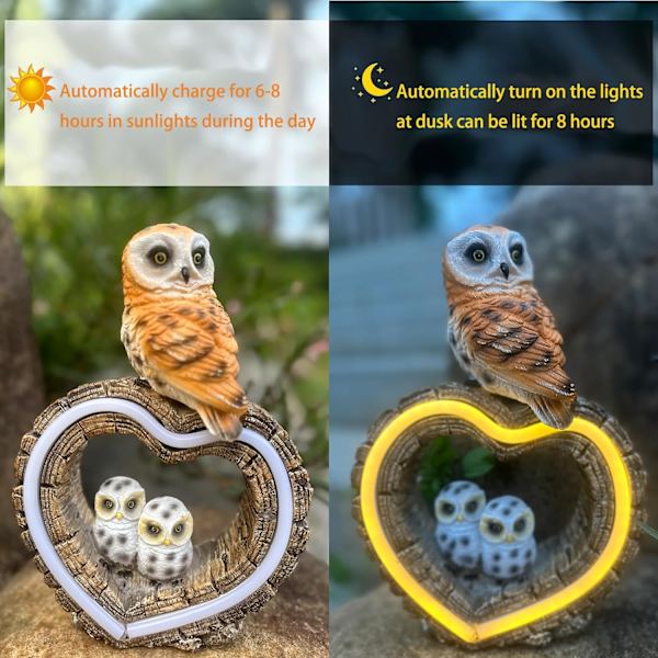 Solar Owl Garden Statue, Haveskulptur med LED-sollys, udendørs vandtæt håndlavet harpiksstatue, dekoration af kærlighedsfuglstatue, velegnet til