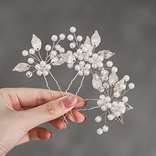 Pärlbrud Bröllop Hårnålar Löv Brudhårstycke Blomma Håraccessoarer för Kvinnor och Flickor (3-pack) (Guld)