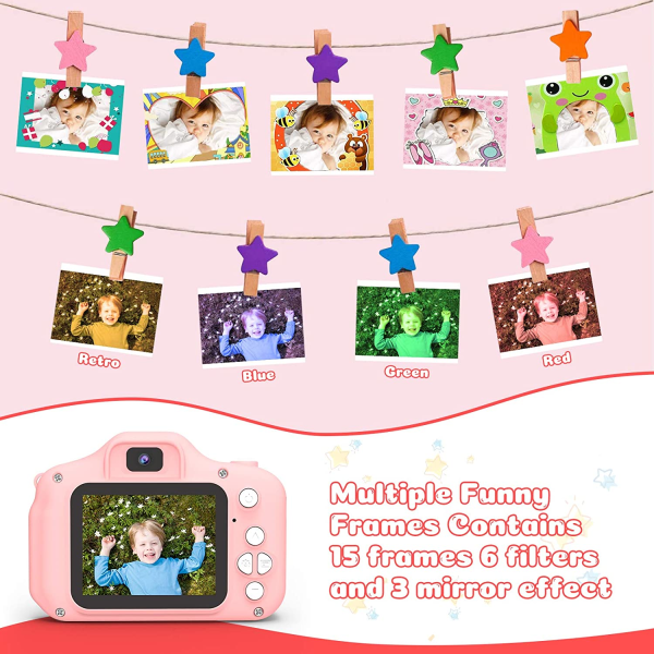 Støtsikkert selfie-barnekamera, beste bursdagsgaver til småbarn, dobbeltkamera for barn i alderen 3-10, HD digital video med 32 GB SD-kort, julebarneleke for Pink