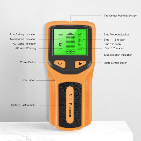 5 i 1 Stud Finder Multifunktionel Væg Scanner LCD Elektronisk Metal Stud Detektor HW430Gul