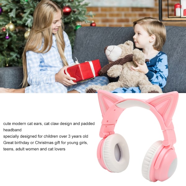 Bluetooth-hörlurar med kattöron Stereo Söta Hög Känslighet Inbyggd Mikrofon Justerbara LED Barnhörlurar med 3,5 mm Kabel Rosa