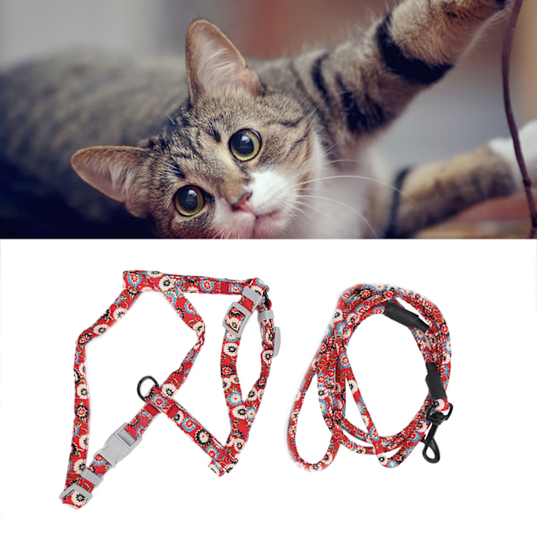 JapaneseStyle Cat Adjustable Harness Leash Set Chest Back Traction Cat Walking Rope(Red Flower S)