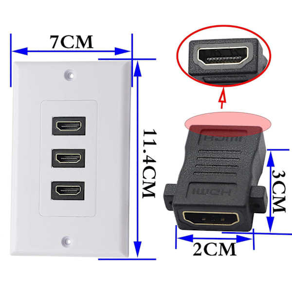 3-portinen HDMI 2.0 seinälevykomponentti HDMI-komponentti komposiittiääni seinäkiinnitys, tukee 4K 60Hz 1080P täydellinen (3 HDMI) -Perfet