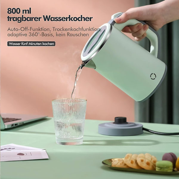 Kogende Vandkoger i Rustfrit Stål, Mini Rejsekoger til 0,8 Liter, 600 Watt Elektrisk Vandkoger, Dobbeltlagsdesign, Overophedningsbeskyttelse, Hurtig Kogningsfunktion, Stille green