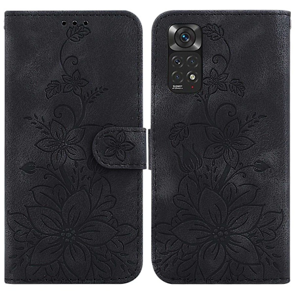 Etui Kompatibelt med Xiaomi Redmi Note 11s Præget Lily Flip Wallet Premium Pu Læder Cover med Kortholder-Perfet Black