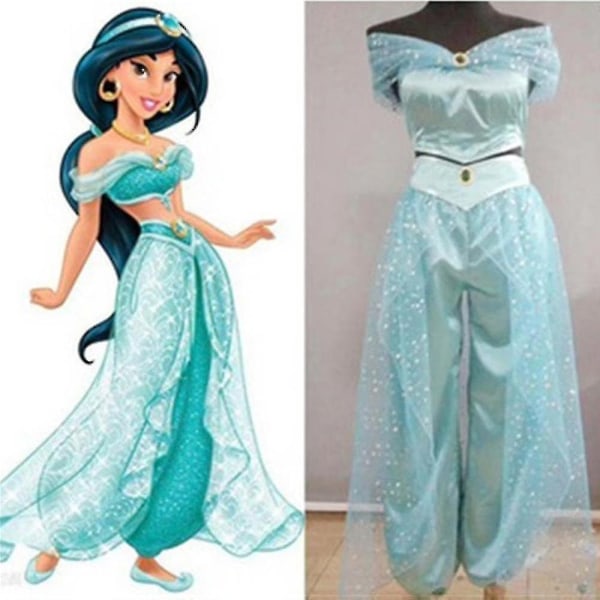 Aladdin Jasmine Princess Costume Fancy Dress Up Karneval Halloween festantrekk - Perfet Green 2XL