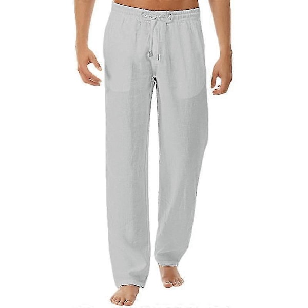 Mäns elastiska midje-bomulls- och linnebyxor, avslappnade strandbyxor, raka, bekväma byxor - perfekta Grey 3XL