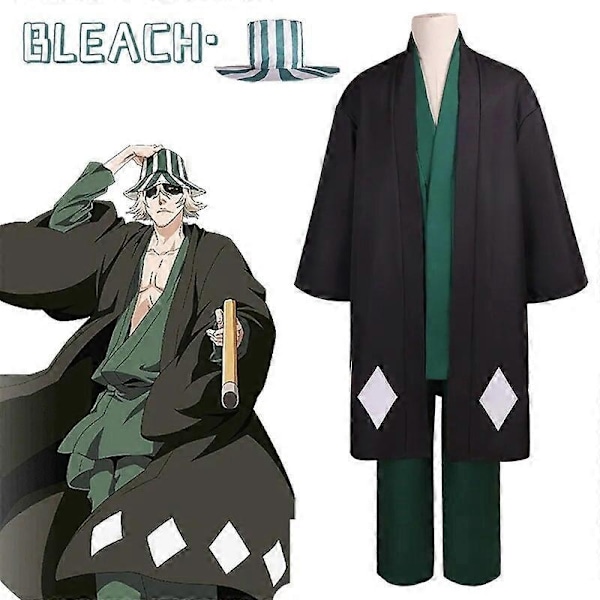 Kimono-gåva anime Bleach cosplay hatt gul peruk kostym Urahara Kisuke cosplay träskor uniform Halloween anime cosplay - perfekt XXL