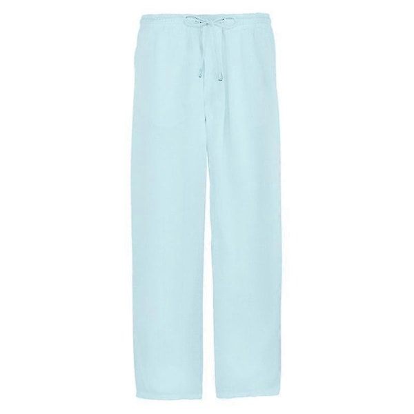 Mäns elastiska midje-bomulls- och linnebyxor, avslappnade strandbyxor, raka, bekväma byxor - perfekta Light Blue XL