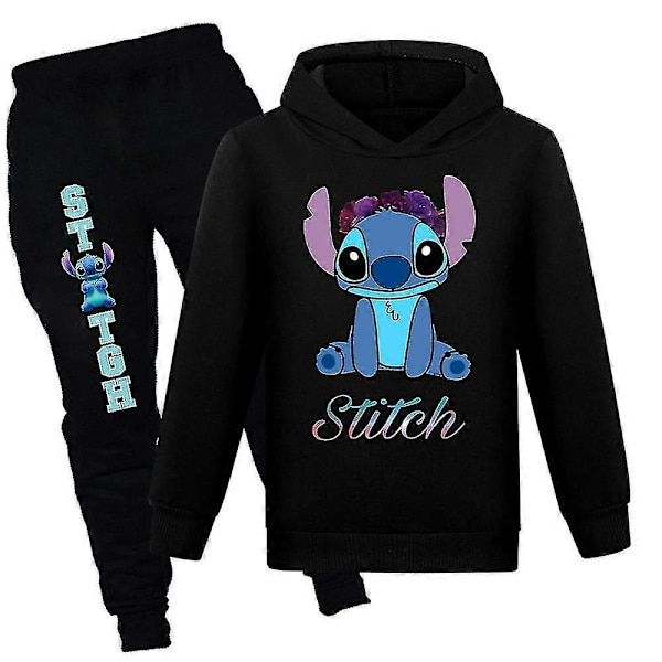 Barn Lilo och Stitch Hoodie Långärmad Träningsdräkt Set Sweatshirt Toppar Byxor Kläder Pojkar Flickor-Perfekt Black 9-10Years