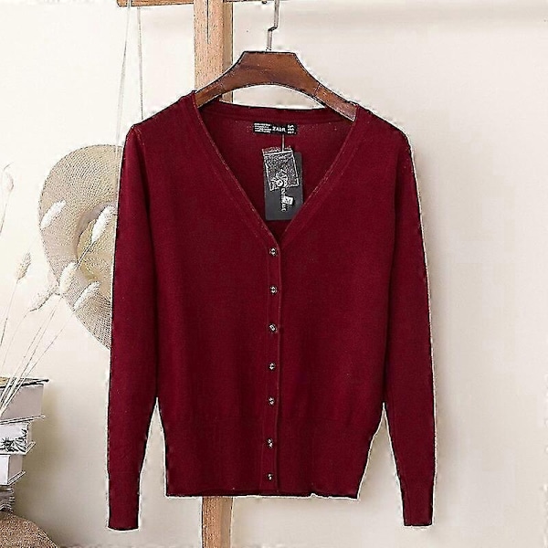 Afslappet Cardigan Sweater til Kvinder Efterår Vinter Kvinder Ensfarvet V-hals Langærmet Plus Størrelse Strikket Sweater Frakke Hæklet-Perfet Color A002 Red XL