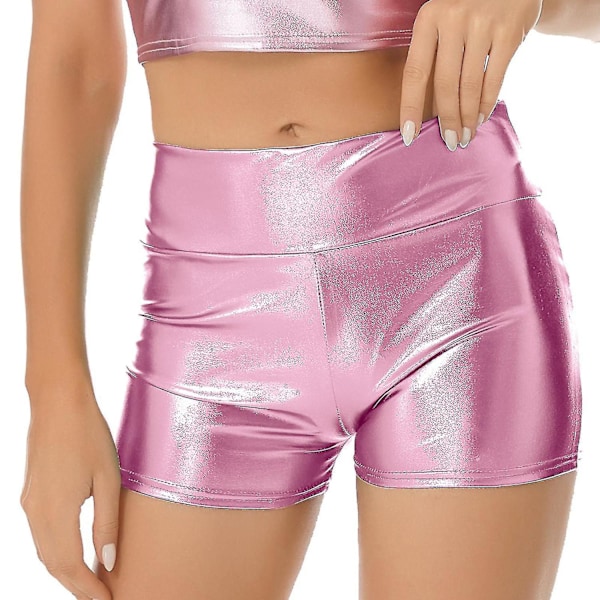 Høytaljede, skinnende, metalliske shorts i lakk for kvinner - Pole Dance Shorts, Hot Shorts, Trening, Rave, Fest, Pole Dancing, Clubwear - Perfekt A Pink L