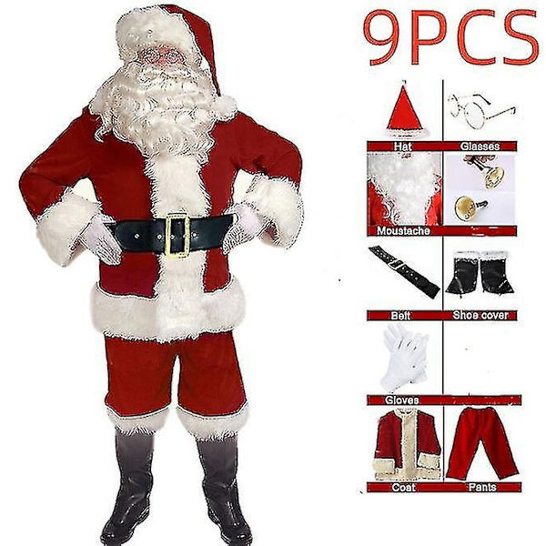 Jultomte Kostym för Män Vuxen Jultomte Kostym Santa Suit-Perfet 9pcs L