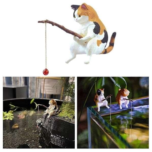 Fiskande Katt Ornament Akvarium Dekoration Akvarium Landskapsarkitektur Tecknad Katt Staty Mini Resin Figurin Hemdekorationer-Perfet style three