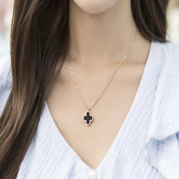 Titanium Steel Rose Gold Clover Dubbelsidigt Halsband Kvinnor Cl - Perfet A4